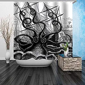 Youdepot Shower Curtain Sail Boat Waves Octopus Old Look Home Textile European Style Bathroom Decoration Decor Peculiar Design Hand Drawing Effect Fabric Shower Curtains with 12 Hooks