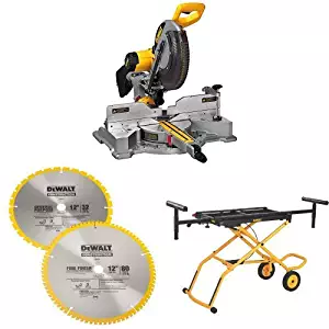 DEWALT DWS709 Slide Compound Miter Saw, 12-Inch w/ DW3128P5 80 Tooth and 32T ATB Thin Kerf 12-inch Crosscutting Miter Saw Blade, 2 Pack & DWX726 Rolling Miter Saw Stand