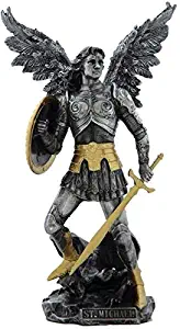 US 12.75 Inch Archangel Saint Michael Figurine, Pewter and Gold Color