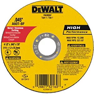 Dewalt DW8062 Type 1 High Performance Reinforced Cut-Off Wheel, 4-1/2 In Dia X 0.045 In 7/8in Arbor (25) Pack)