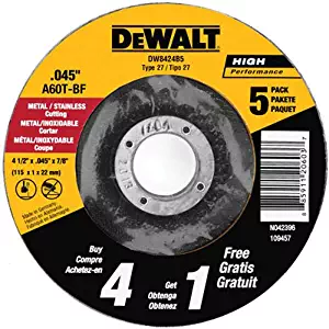 DEWALT DW8424B5 4-1/2-Inch by 0.045-Inch Metal Cutting Wheel, 7/8-Inch Arbor, 5-Pack