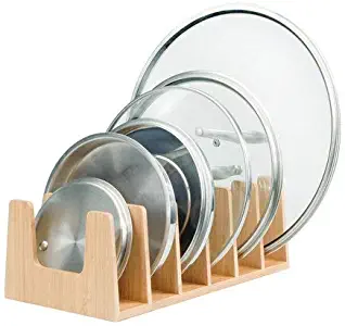 MobileVision Bamboo Pot Lid Holder Organizer for Storage in Cabinets or Kitchen Countertops, 6 Sections