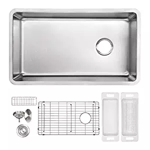 ZUHNE Verona 32 x 19 Inch Single Bowl Under Mount Reversible Offset Drain 16 Gauge Stainless Steel Kitchen Sink W. Grate Protector, Caddy, Colander Set, Drain Strainer and Mounting Clips, 36" Cabinet