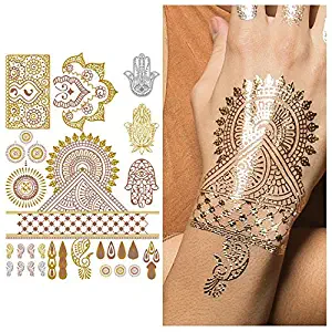 Tattify Metallic Hamsa And Indian Handpiece Temporary Tattoo - Indian Princess Sheet 2 (Set of 1 sheet) - Other Styles Available - Fashionable Temporary Tattoos