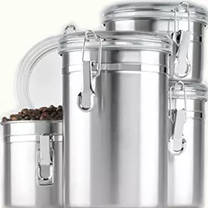 Anchor Hocking Round Stainless Steel Canister Set with Clear Acrylic Lid and Locking Clamp, 4-Piece Set