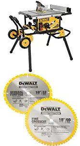 DEWALT DWE7491RS 10-Inch Jobsite Table Saw with 32-1/2-Inch Rip Capacity and Rolling Standw/ DW3106P5 60-Tooth Crosscutting and 32-Tooth General Purpose 10-Inch Saw Blade Combo Pack