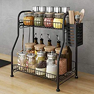 Spice Rack Organizer With Cutlery chopsticks storage shelf, 2-Tier Bathroom Shelf Organizer countertop, Kitchen Rack Organizer for Spice Can Sauce Jars Bottle With 2 Hooks (Black, Steel)