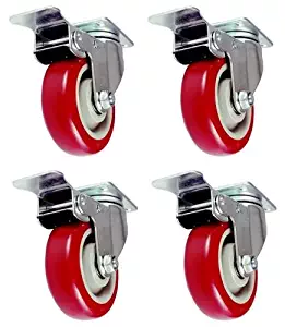 4 Pack Caster Wheels Swivel Plate Stem Brake Casters On Red Polyurethane Wheels (4 inch with brake)