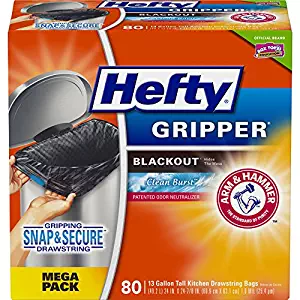 Hefty Gripper Blackout Trash/Garbage Bags (Clean Burst, Odor Control, Kitchen Drawstring, 13 Gallon, 80 Count)