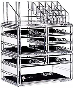 Cq acrylic 8 Drawers and 16 Grid Makeup Organizer,9.5"x6.5"x11.8",Clear 2 Piece Set