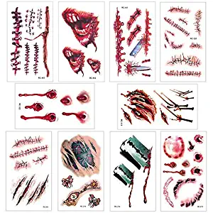 10 Different Pattern Halloween Zombie Scars Tattoos Stickers Temporary Tattoos Paste with Fake Scab Blood Special Fx Costume Makeup Props