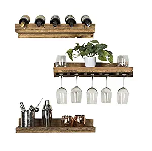 Del Hutson Designs Rustic Luxe Floating Wine Shelf & Glass Rack Set, Dark Walnut