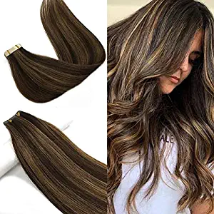 Labhair Tape in Hair Extensions Ombre Dark Brown Highlighted Chestnut Brown Hair Extensions 100% Real Remy Human Hair Extensions Tape in 50g 20pcs 14inch