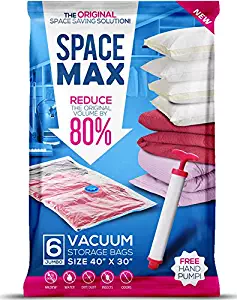 Spacemax Premium Reusable Vacuum Storage Bags (Jumbo 6 Pack), Save 80% More Storage Space. Double Zip Seal & Leak Valve, Travel Hand Pump Included.