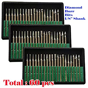 MTP Tm 60 Pcs Diamond Burr Bits Drill Glass Gemstone Metal for Dremel Craftsman Rotary Tool 1/8" Shanks w/ Box Tip