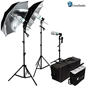 LimoStudio 600W Photography Triple Photo Umbrella Light Lighting Kit, Video, and Portrait StudioLighting Kit With 3 CFL Photo Bulbs, Black/Silver Reflective Umbrellas, and Carrying Case, AGG912-A