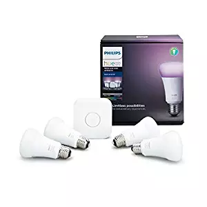 Philips Hue White and Color Ambiance A19 60W Equivalent LED Smart Light Bulb Starter Kit, 4 A19 Smart Bulbs and 1 Bridge, Works with Alexa, Apple HomeKit and Google Assistant (All U.S. Residents)