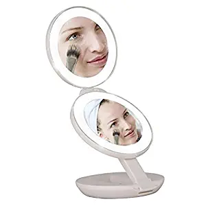 LED Lighted Travel Makeup Magnifying Mirror, 1X/5X Double Sided Compact Folding LED lighted Mirrors,Lightweight and Portable for E-Z use, Pocket Vanity/Cosmetic Mirror (White)