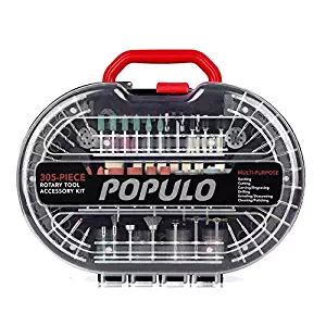 Populo 305-Piece Power Rotary Tool Accessories Kit 1/8-inch Diameter Shanks Universal Fitment for Easy Cutting, Grinding, Sanding, Sharpening, Carving and Polishing and Storage Case.