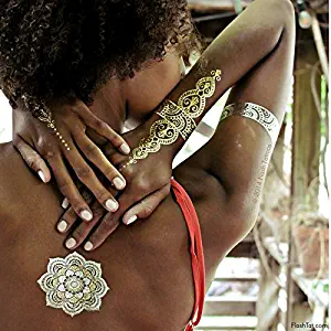 Flash Tattoos Sheebani Authentic Metallic Temporary Jewelry Tattoos 4 Sheet Pack (Black/gold/silver) Includes over 19 assorted premium henna inspired waterproof tattoos