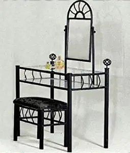 Black Metal Bedroom Vanity with Glass Table & Bench Set