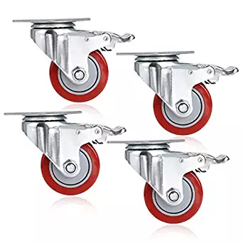 3'' Coocheer PVC Heavy Duty Swivel Caster Wheels 360 Degree Top Plate with Brake Pack of 4 (880Lbs) (red)