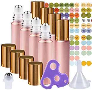 Rose Gold Ultimate Essential Oil Roller Bottles Set with Stainless Steel Balls, 8 Pack 10ml Leakproof Glass Bottle with 9 Rollerballs for Perfume & Aromatherapy Oils 1 Funnel + Opener & 192 Labels