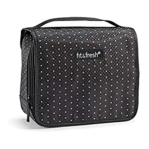Fit & Fresh Hanging Toiletry & Makeup Bag for Travel, College Dorm & Home Organization, Women, Black & White Dots