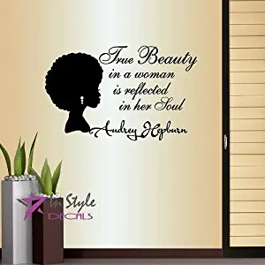 Wall Vinyl Decal Home Decor Sticker True Beauty in Woman Reflected in Her Soul A. Hepburn Quote Phrase Beautiful African Woman Style Fashion Hair Salon Shop Room Removable Mural Unique Design 903